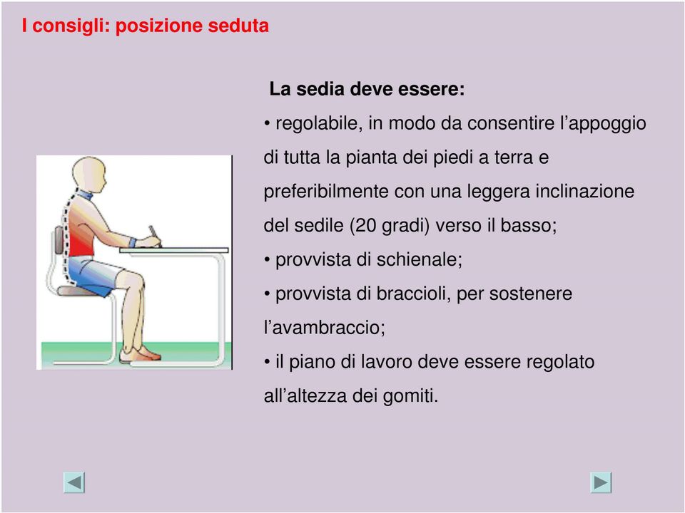 inclinazione del sedile (20 gradi) verso il basso; provvista di schienale; provvista di