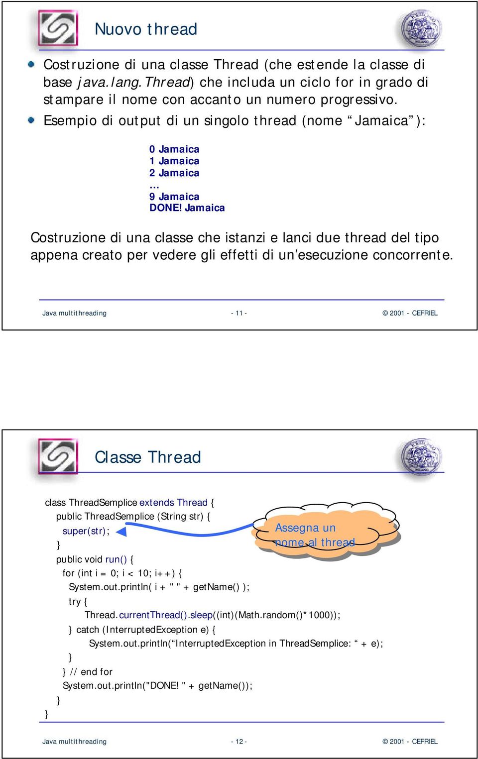 Jamaica Costruzione di una classe che istanzi e lanci due thread del tipo appena creato per vedere gli effetti di un esecuzione concorrente.