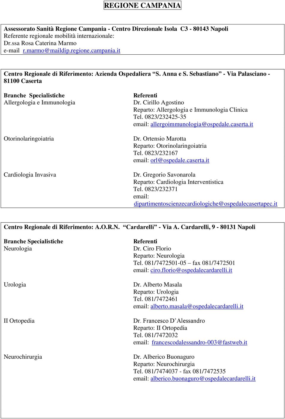 Cirillo Agostino Reparto: Allergologia e Immunologia Clinica Tel. 0823/232425-35 email: allergoimmunologia@ospedale.caserta.it Dr. Ortensio Marotta Reparto: Otorinolaringoiatria Tel.