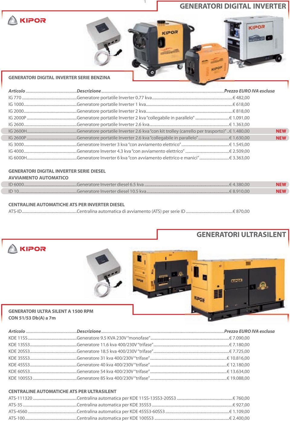 ..Generatore portatile Inverter 2.6 kva con kit trolley (carrello per trasporto).. 1.480,00 IG 2600P...Generatore portatile Inverter 2.6 kva collegabile in parallelo... 1.630,00 IG 3000.