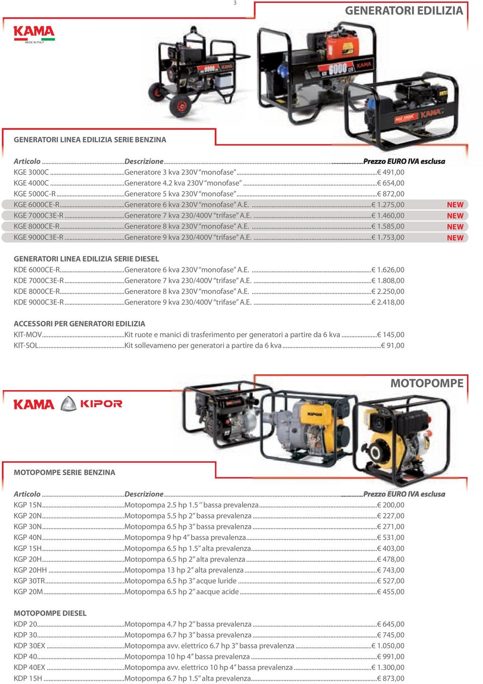 ..Generatore 8 kva 230V monofase A.E.... 1.585,00 KGE 9000C3E-R...Generatore 9 kva 230/400V trifase A.E.... 1.753,00 GENERATORI LINEA EDILIZIA SERIE DIESEL KDE 6000CE-R.