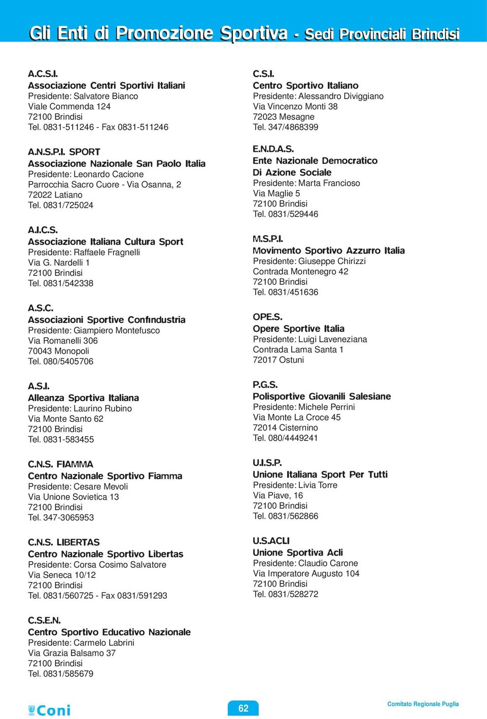 Nardelli 1 72100 Brindisi Tel. 0831/542338 A.S.C. Associazioni Sportive Confindustria Presidente: Giampiero Montefusco Via Romanelli 306 70043 Monopoli Tel. 080/5405706 A.S.I.