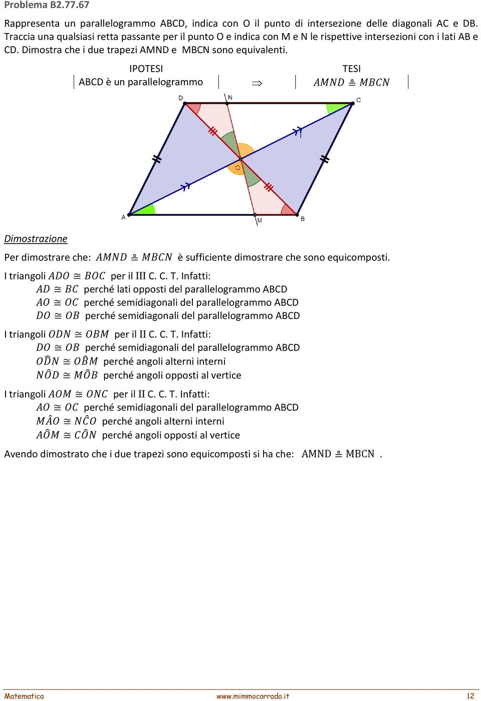ABCD è un parallelogrammo Per dimostrare che: è sufficiente dimostrare che sono equicomposti. I triangoli per il III C. C. T.