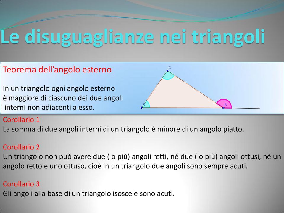 Corollario 2 Un triangolo non può avere due ( o più) angoli retti, né due ( o più) angoli ottusi, né un angolo retto e uno