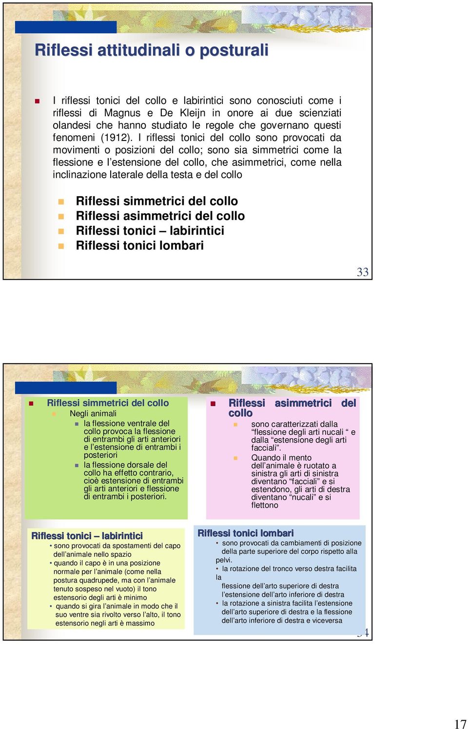 I riflessi tonici del collo sono provocati da movimenti o posizioni del collo; sono sia simmetrici come la flessione e l estensione del collo, che asimmetrici, come nella inclinazione laterale della