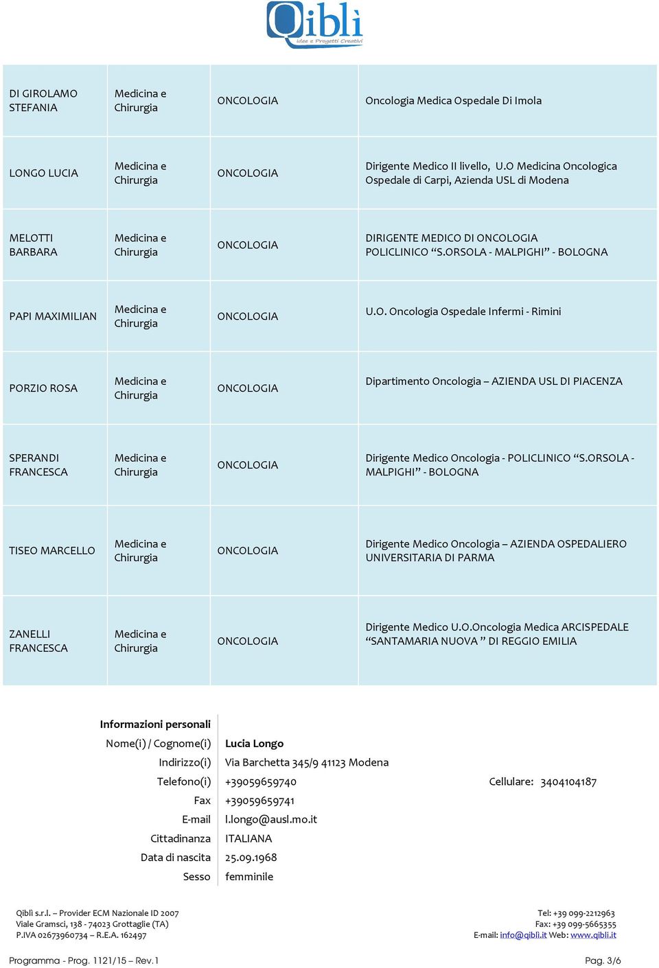 ORSOLA - MALPIGHI - BOLOGNA TISEO MARCELLO Dirigente Medico Oncologia AZIENDA OSPEDALIERO UNIVERSITARIA DI PARMA ZANELLI FRANCESCA Dirigente Medico U.O.Oncologia Medica ARCISPEDALE SANTAMARIA NUOVA