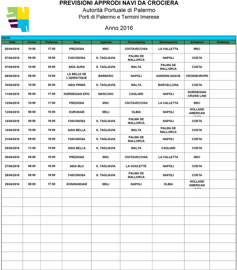 TAGLIAVIA MALTA BARCELLONA 11/04/2016 08:00 17:00 NORWEGIAN EPIC MANCUSO CAGLIARI NORWEGIAN CRUISE LINE 12/04/2016 10:00 17:00 PREZIOSA MSC CIVITAVECCHIA LA VALLETTA MSC 13/04/2016 08:00 15:00