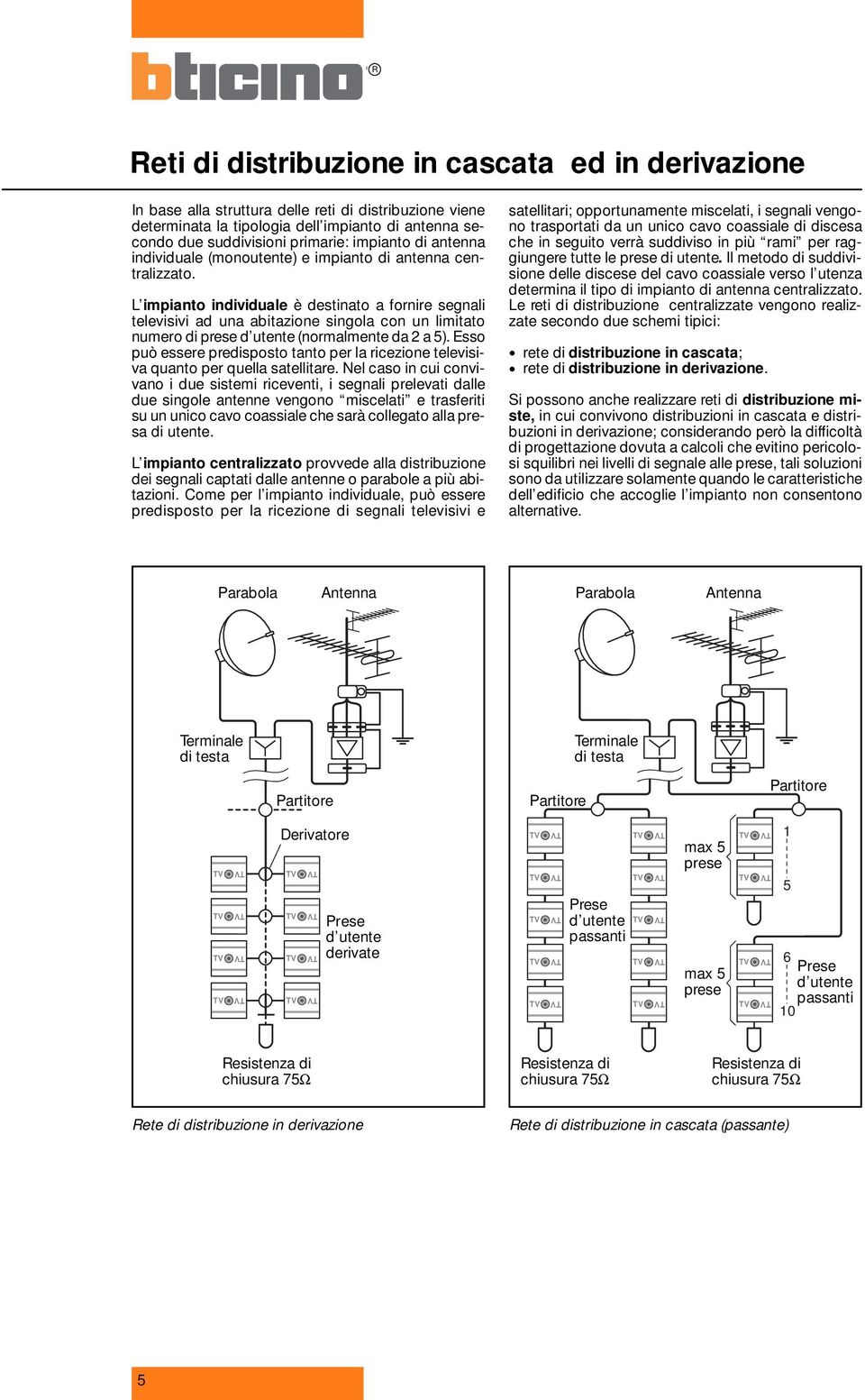 L impianto individuale è destinato a fornire segnali televisivi ad una abitazione singola con un limitato numero di prese d utente (normalmente da 2 a 5).