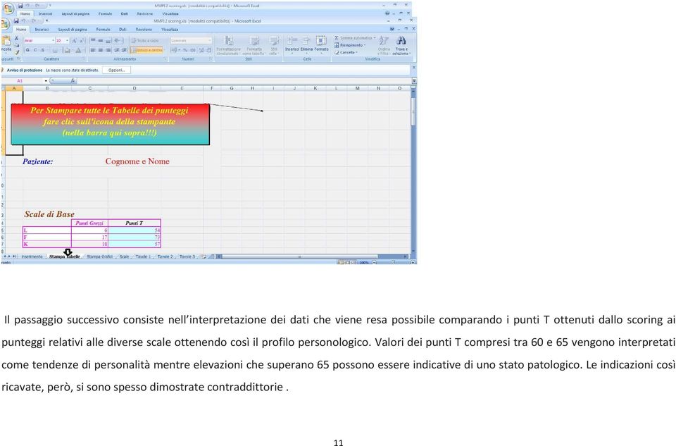 Valori dei punti T compresi tra 60 e 65 vengono interpretati come tendenze di personalità mentre elevazioni che