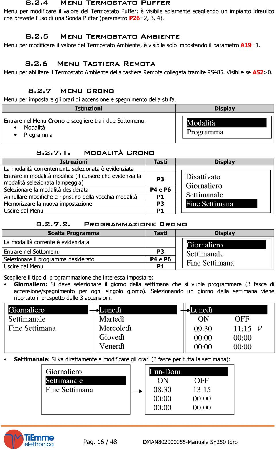 Visibile se A52>0. 8.2.7 Menu Crono Menu per impostare gli orari di accensione e spegnimento della stufa.