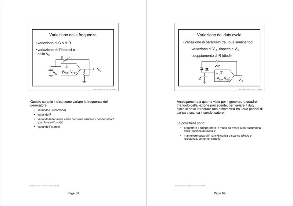 69-27/05/2009 Questo cartello indica come variare la frequenza del generatore: variando C (scomodo) variando R variando la tensione verso cui viene caricato il condensatore (partitore sull uscita)