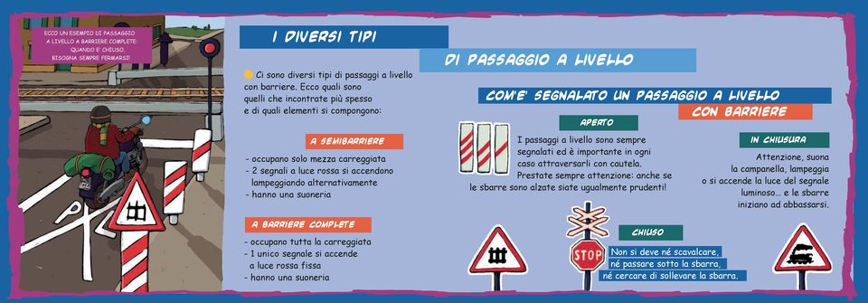 mezza carreggiata - 2 segnali a luce rossa si accendono lampeggiando alternativamente - hanno una suoneria I passaggi a livello sono sempre segnalati ed è importante in ogni caso attraversarli con