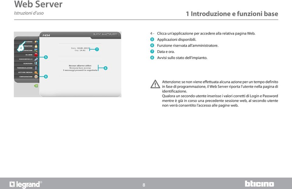 5 8 6 Attenzione: se non viene effettuata alcuna azione per un tempo definito in fase di programmazione, il Web Server riporta l utente nella