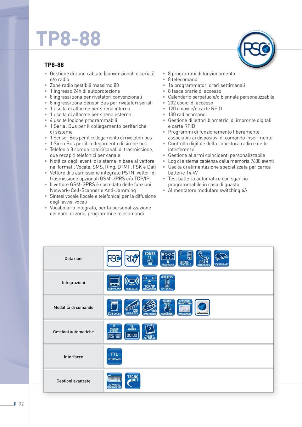 1 Sensor Bus per il collegamento di rivelatori bus 1 Siren Bus per il collegamento di sirene bus Telefonia 8 comunicatori/canali di trasmissione, due recapiti telefonici per canale Notifica degli