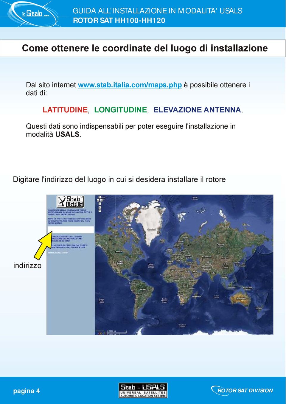 Questi dati sono indispensabili per poter eseguire l'installazione in modalità USALS.