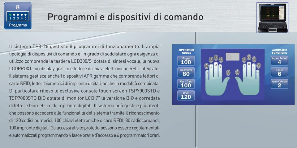 di chiavi elettroniche RFID integrato, il sistema gestisce anche i dispositivi APR gamma che comprende lettori di carte RFID, lettori biometrici di impronte digitali, anche in modalità combinata.