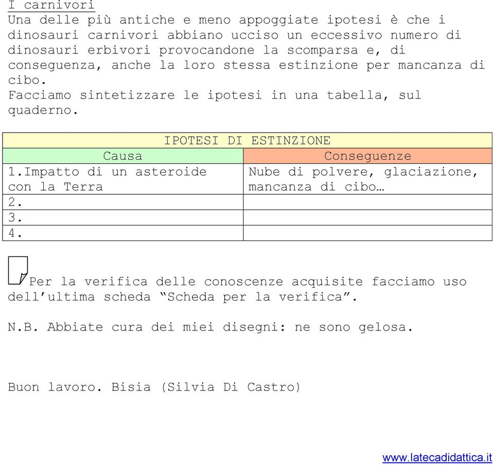 IPOTESI DI ESTINZIONE Causa Conseguenze 1.Impatto di un asteroide Nube di polvere, glaciazione, con la Terra mancanza di cibo 2. 3. 4.