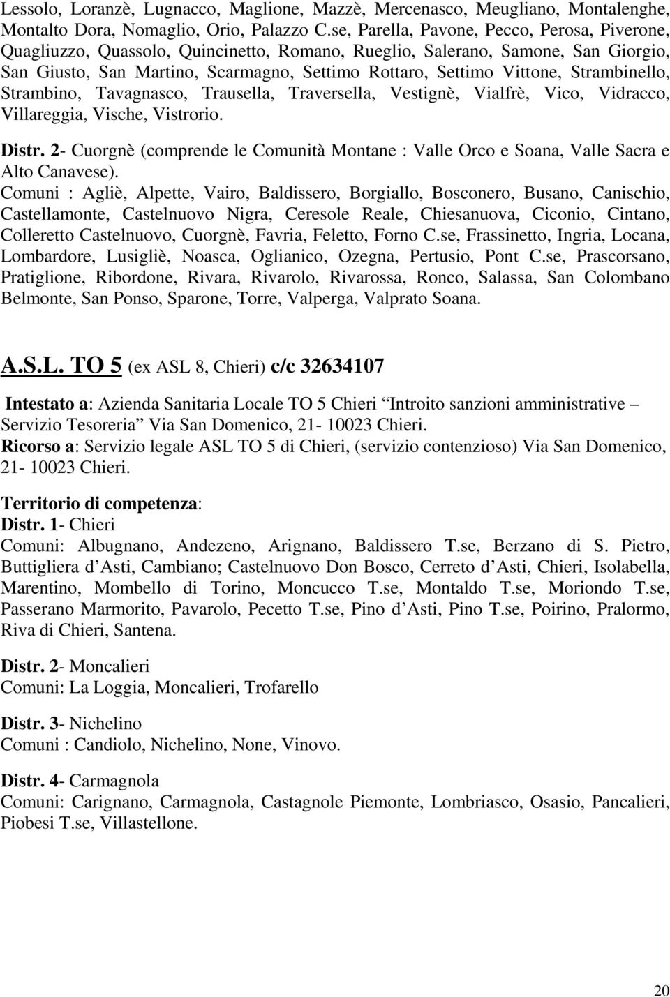 Strambinello, Strambino, Tavagnasco, Trausella, Traversella, Vestignè, Vialfrè, Vico, Vidracco, Villareggia, Vische, Vistrorio. Distr.