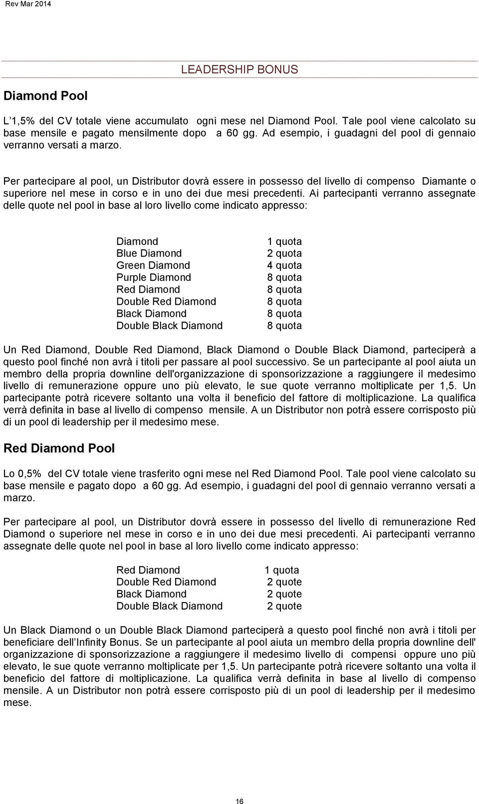 Per partecipare al pool, un Distributor dovrà essere in possesso del livello di compenso Diamante o superiore nel mese in corso e in uno dei due mesi precedenti.