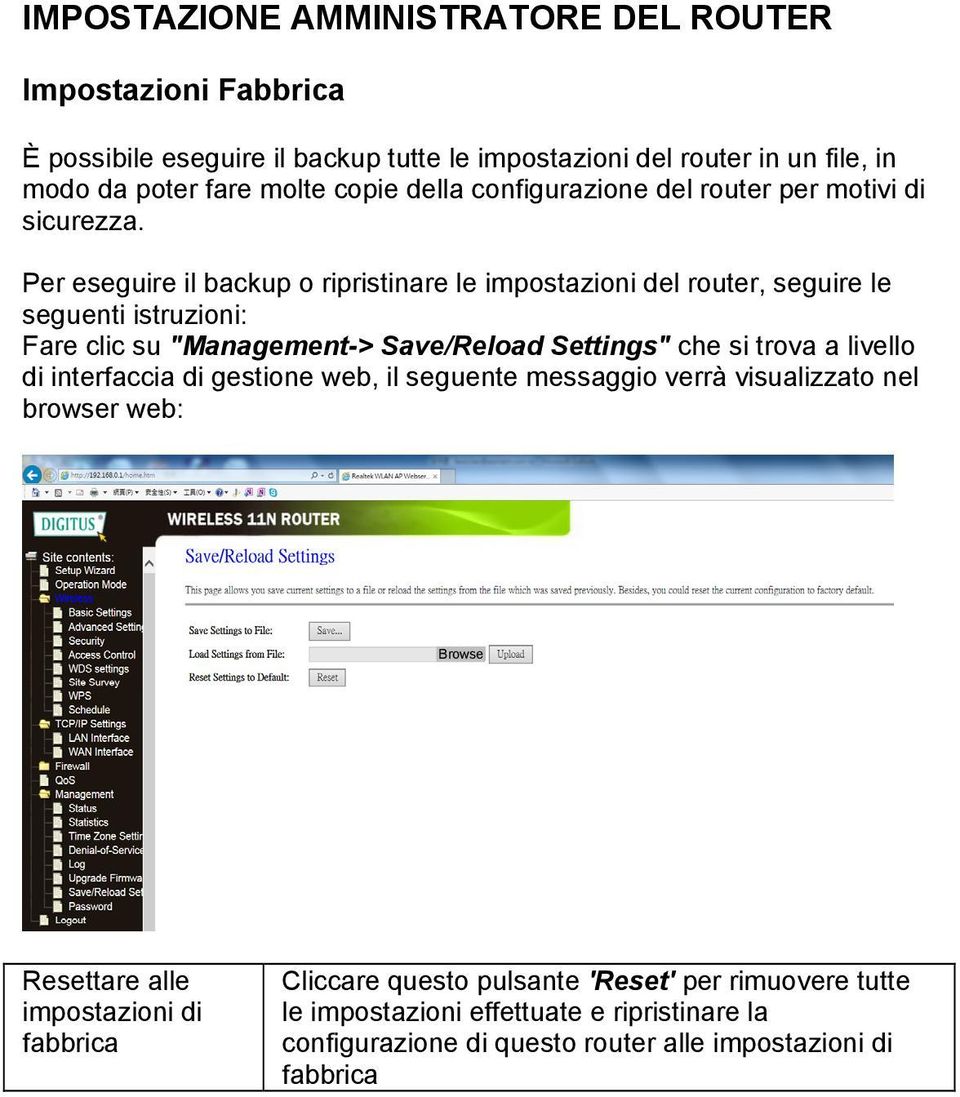 Per eseguire il backup o ripristinare le impostazioni del router, seguire le seguenti istruzioni: Fare clic su "Management-> Save/Reload Settings" che si trova a livello di