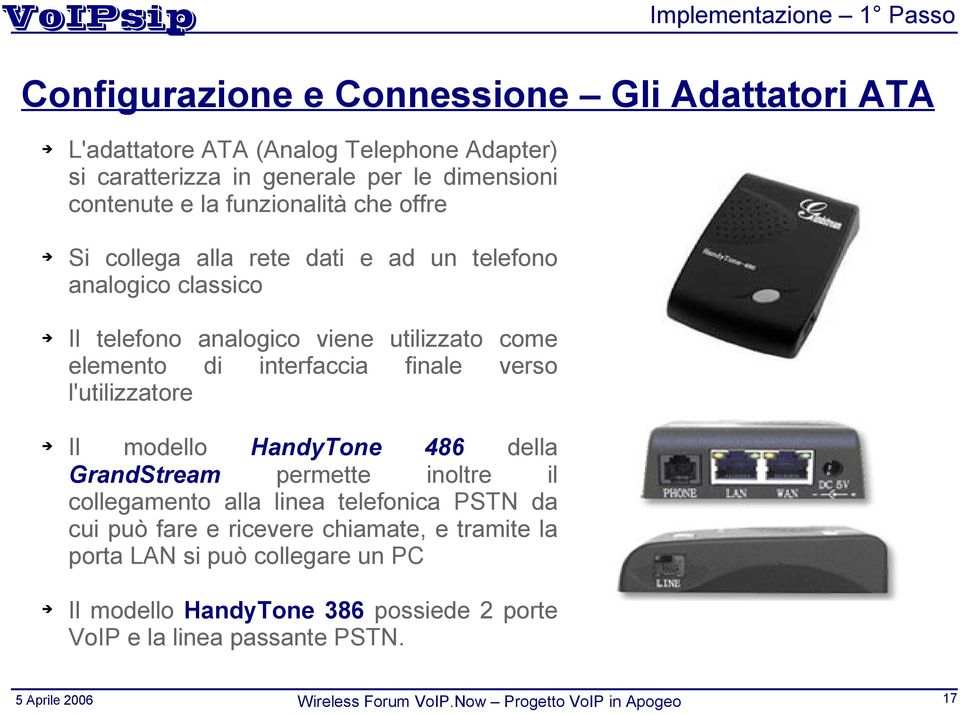 elemento di interfaccia finale verso l'utilizzatore Il modello HandyTone 486 della GrandStream permette inoltre il collegamento alla linea telefonica PSTN