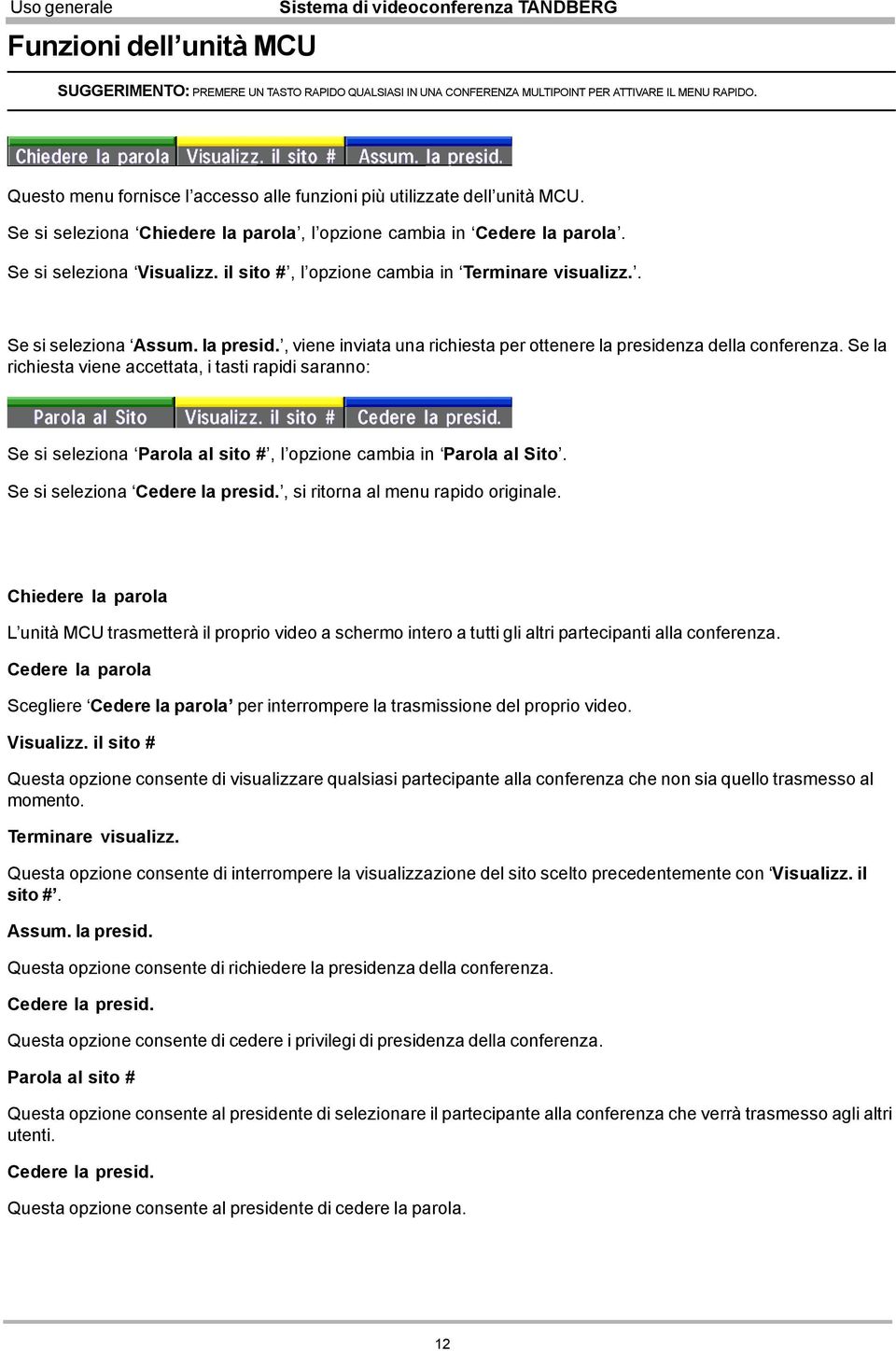 il sito #, l opzione cambia in Terminare visualizz.. Se si seleziona Assum. la presid., viene inviata una richiesta per ottenere la presidenza della conferenza.