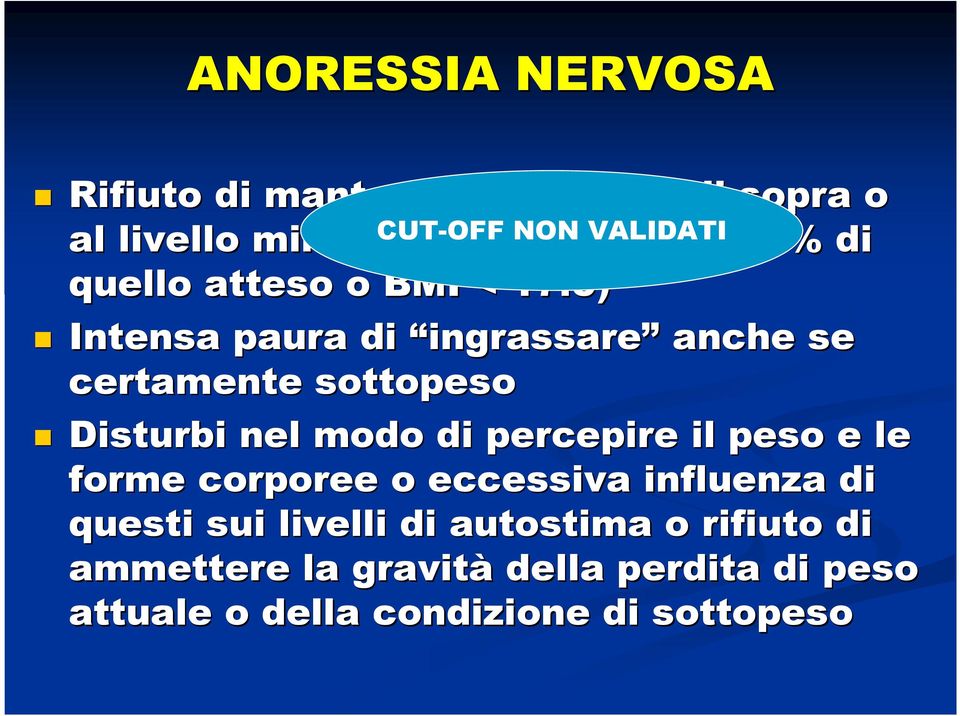 5) Intensa paura di ingrassare anche se certamente sottopeso Disturbi nel modo di percepire il peso e le