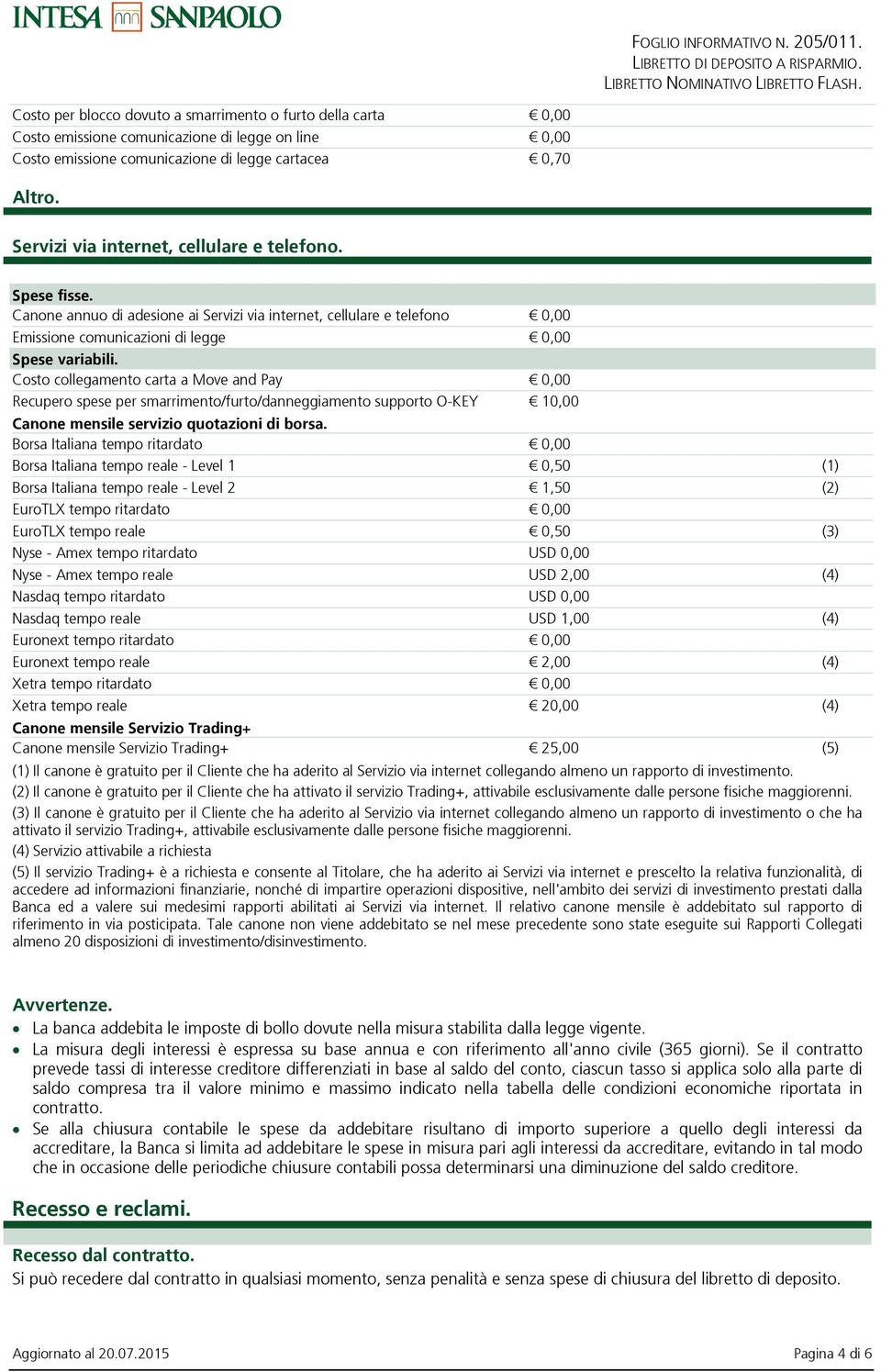 Servizi via internet, cellulare e telefono. Spese fisse. Canone annuo di adesione ai Servizi via internet, cellulare e telefono 0,00 Emissione comunicazioni di legge 0,00 Spese variabili.