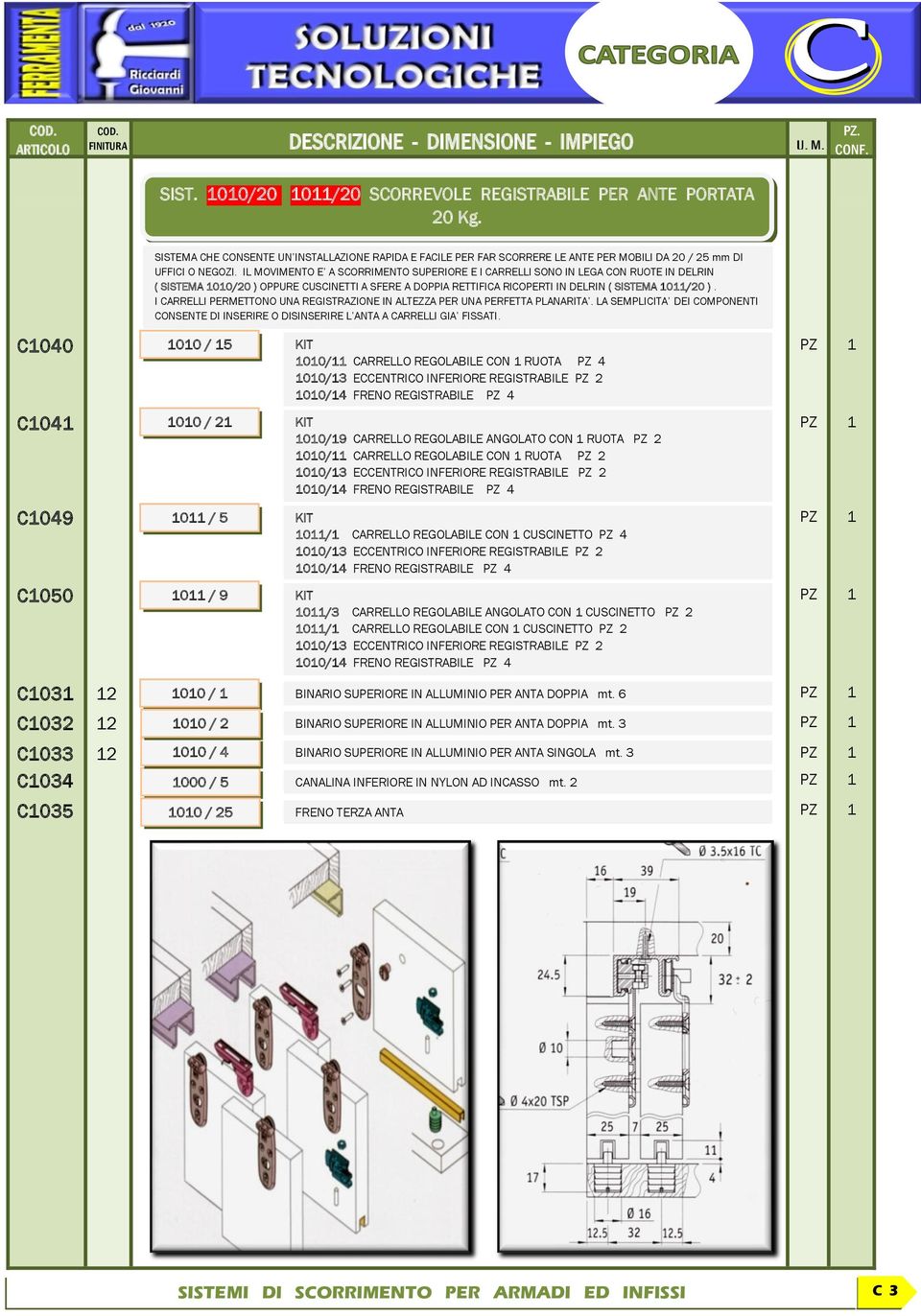 I CARRELLI PERMETTONO UNA REGISTRAZIONE IN ALTEZZA PER UNA PERFETTA PLANARITA. LA SEMPLICITA DEI COMPONENTI CONSENTE DI INSERIRE O DISINSERIRE L ANTA A CARRELLI GIA FISSATI.