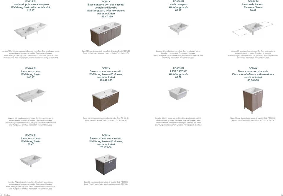 Completo di fissaggi. Basin arranged one tap hole 125cm with double basin, provided with overflow hole. Wall-hung or on furniture installation. Fixing kit included.