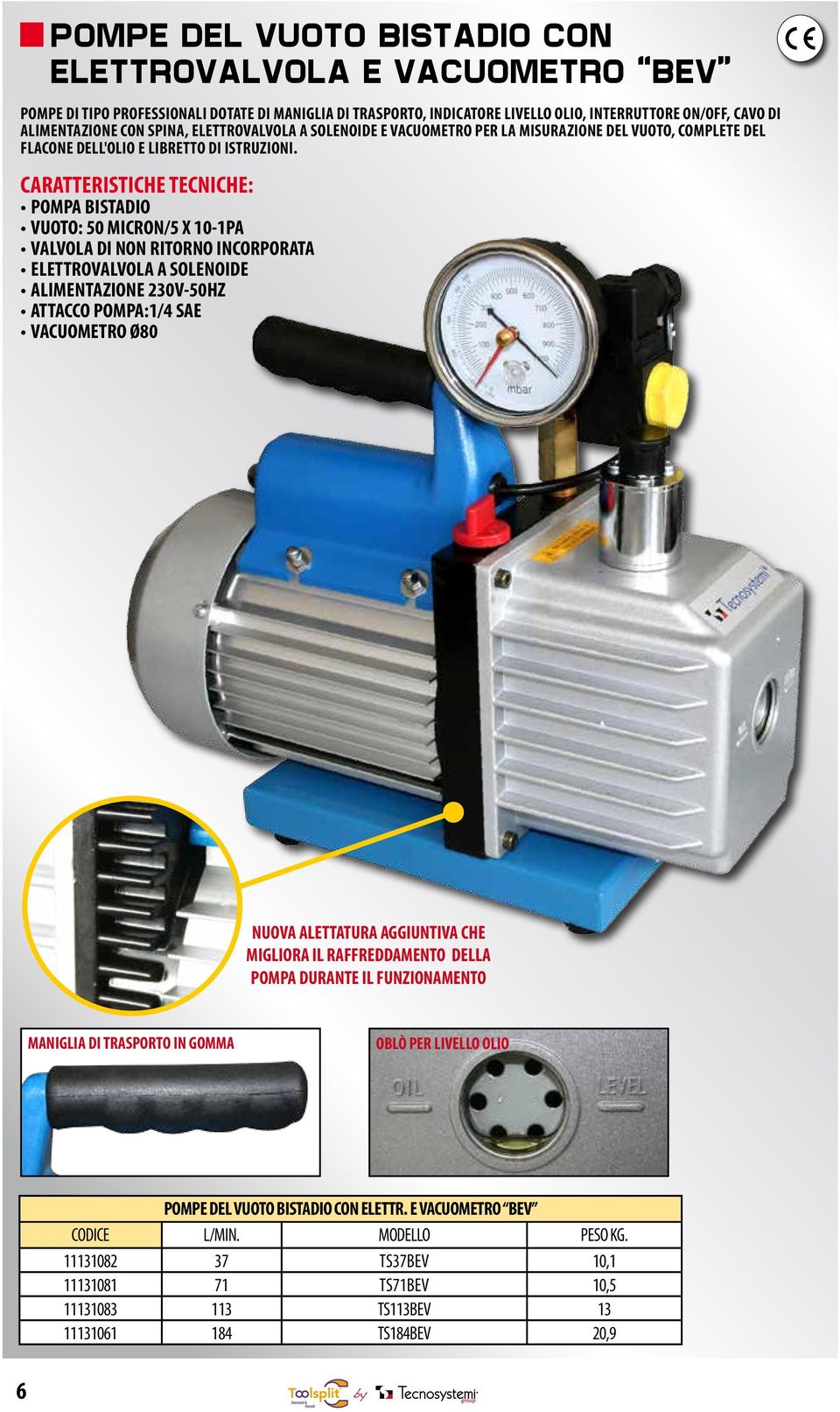 POMPA BISTADIO VUOTO: 50 MICRON/5 X 10-1PA VALVOLA DI NON RITORNO INCORPORATA ELETTROVALVOLA A SOLENOIDE ALIMENTAZIONE 230V-50HZ ATTACCO POMPA:1/4 SAE VACUOMETRO Ø80 NUOVA ALETTATURA AGGIUNTIVA CHE