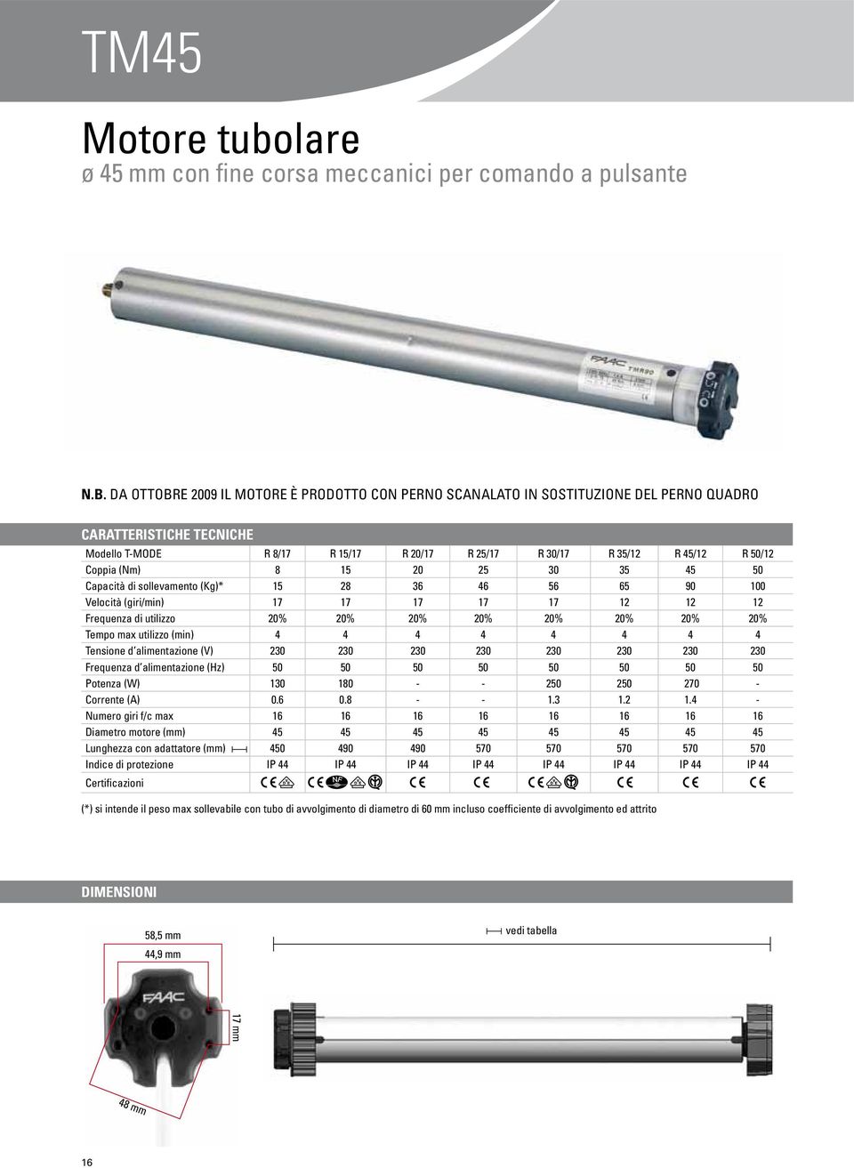 (Nm) 8 15 20 25 30 35 45 50 Capacità di sollevamento (Kg)* 15 28 36 46 56 65 90 100 Velocità (giri/min) 17 17 17 17 17 12 12 12 Frequenza di utilizzo 20% 20% 20% 20% 20% 20% 20% 20% Tempo max