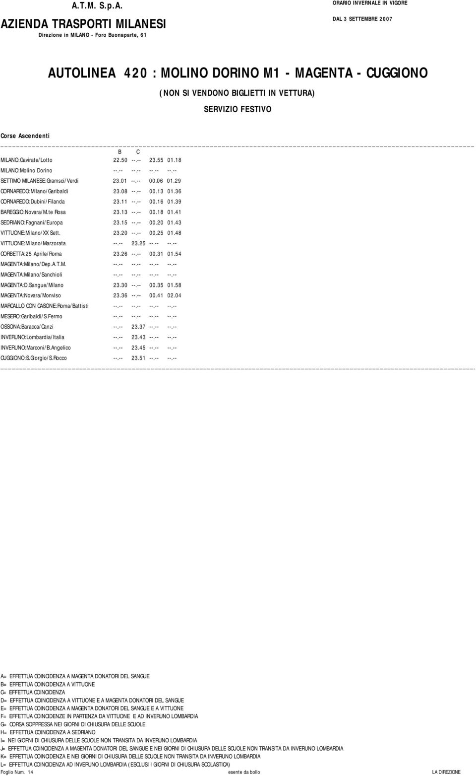 43 VITTUONE:Milano/XX Sett. 23.20 --.-- 00.25 01.48 VITTUONE:Milano/Marzorata --.-- 23.25 --.-- --.-- CORBETTA:25 Aprile/Roma 23.26 --.-- 00.31 01.54 MAGENTA:Milano/Dep.A.T.M. --.-- --.-- --.-- --.-- MAGENTA:Milano/Sanchioli --.