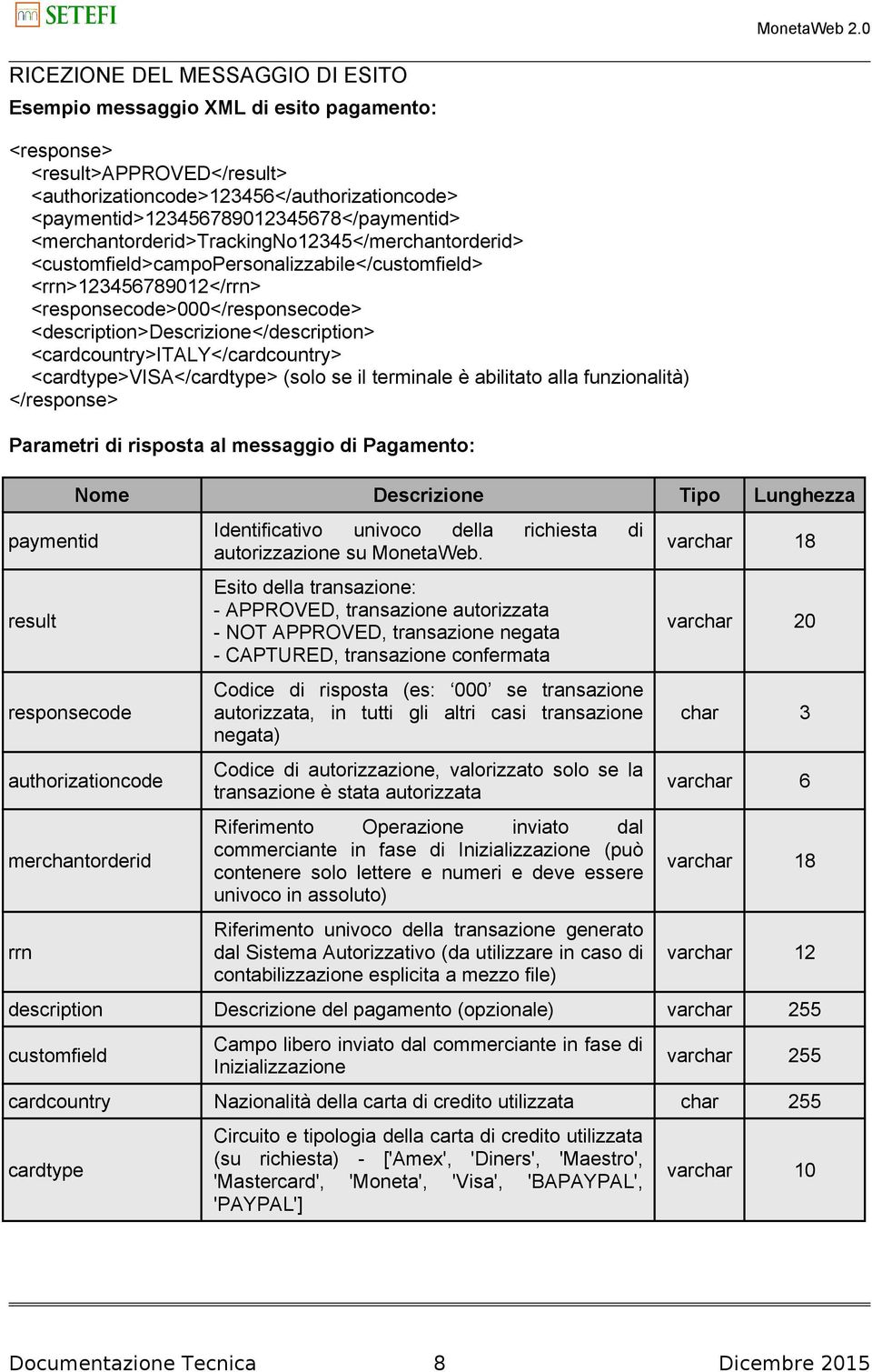 <cardcountry>itly</cardcountry> <cardtype>vis</cardtype> (solo se il terminale è abilitato alla funzionalità) </response> Parametri di risposta al messaggio di Pagamento: ome 20 Identificativo
