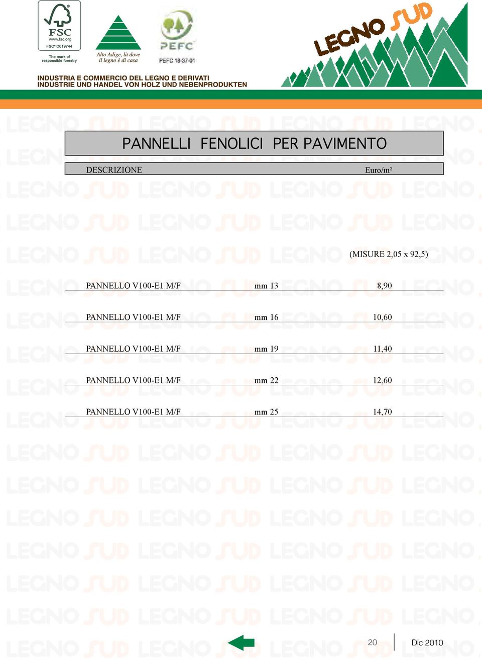 M/F mm 16 10,60 PANNELLO V100-E1 M/F mm 19 11,40