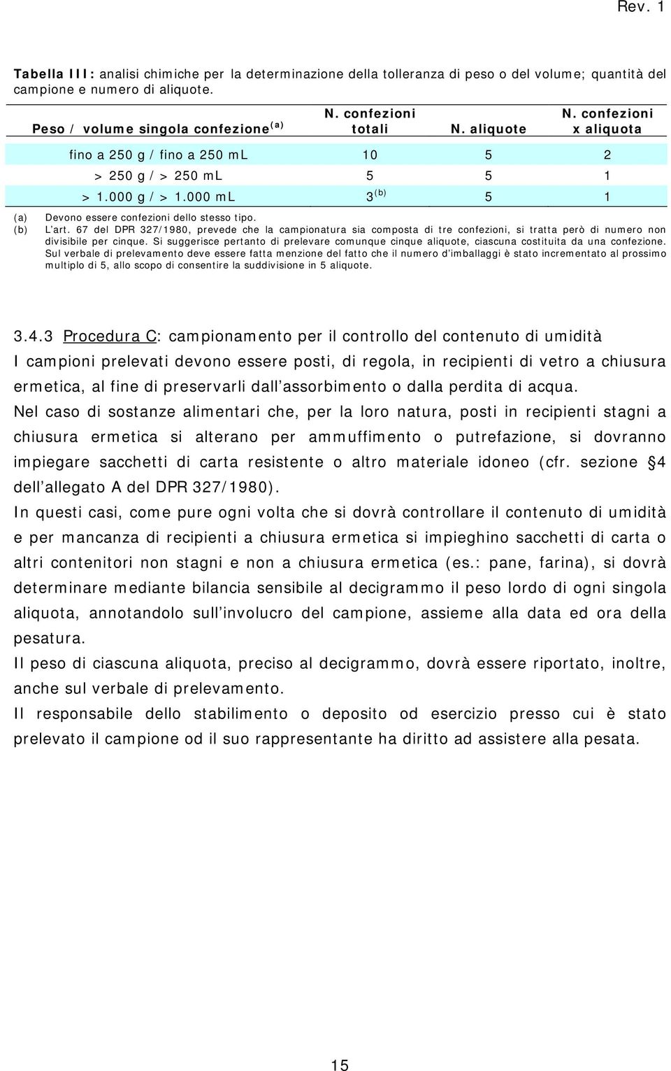 67 del DPR 327/1980, prevede che la campionatura sia composta di tre confezioni, si tratta però di numero non divisibile per cinque.