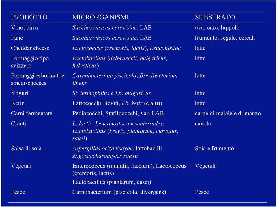 termophilus e Lb. bulgaricus Lattococchi, lieviti, Lb. kefir (e altri) Pediococchi, Stafilococchi, vari LAB L.