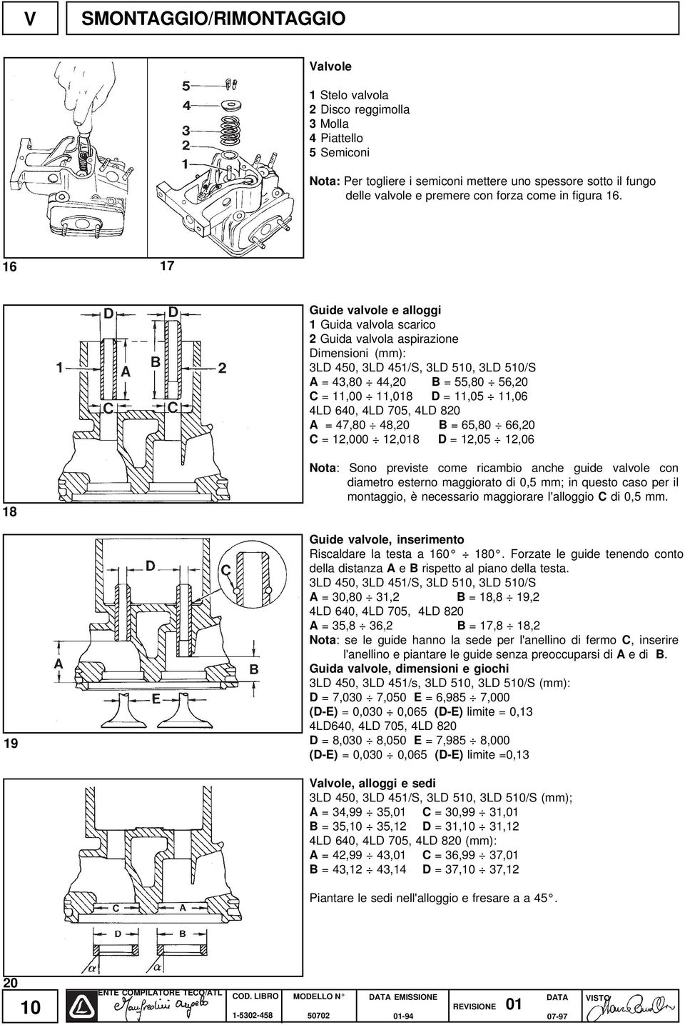 16 17 Guide valvole e alloggi 1 Guida valvola scarico 2 Guida valvola aspirazione Dimensioni (mm): 3LD 450, 3LD 451/S, 3LD 510, 3LD 510/S A = 43,80 44,20 B = 55,80 56,20 C = 11,00 11,018 D = 11,05