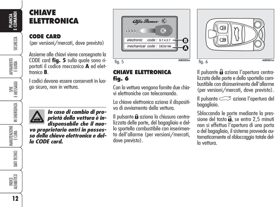 In caso di cambio di proprietà della vettura è indispensabile che il nuovo proprietario entri in possesso della chiave elettronica e della CODE card. fig. 5 A0E0023m CHIAVE ELETTRONICA fig.