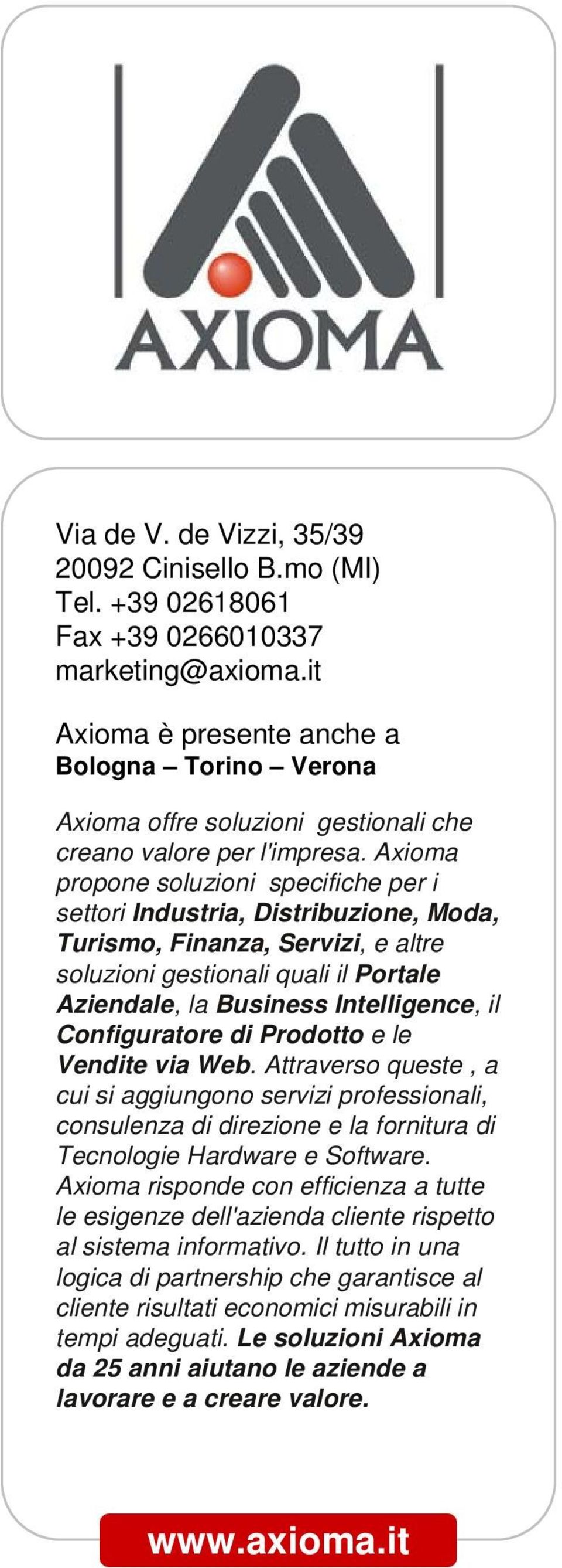 Axioma propone soluzioni specifiche per i settori Industria, Distribuzione, Moda, Turismo, Finanza, Servizi, e altre soluzioni gestionali quali il Portale Aziendale, la Business Intelligence, il