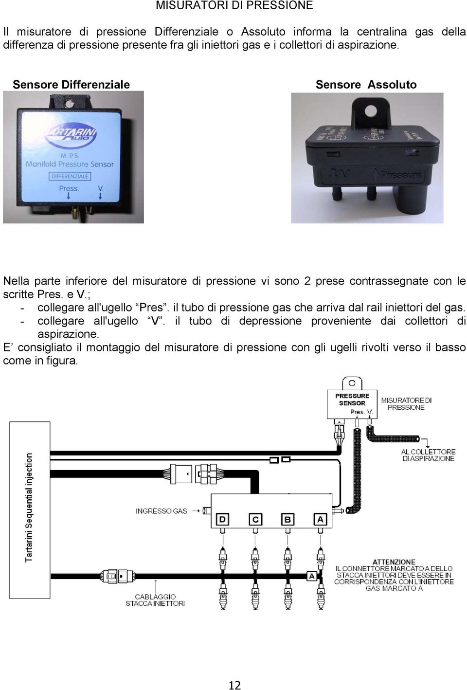 Sensore Differenziale Sensore Assoluto Nella parte inferiore del misuratore di pressione vi sono 2 prese contrassegnate con le scritte Pres. e V.