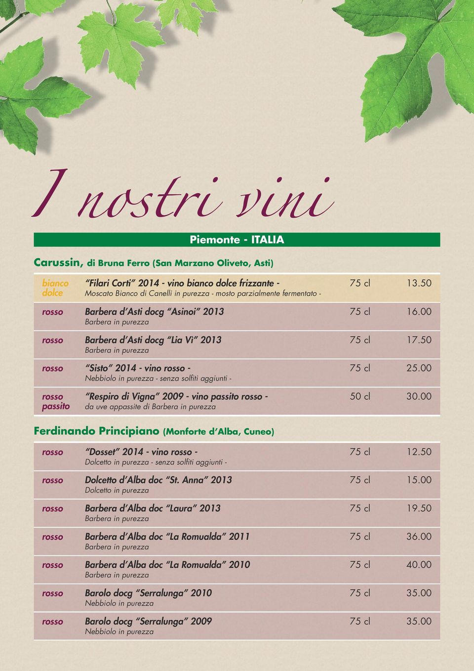 50 Barbera in purezza rosso Sisto 2014 - vino rosso - 75 cl 25.00 Nebbiolo in purezza - senza solfiti aggiunti - rosso Respiro di Vigna 2009 - vino passito rosso - 50 cl 30.