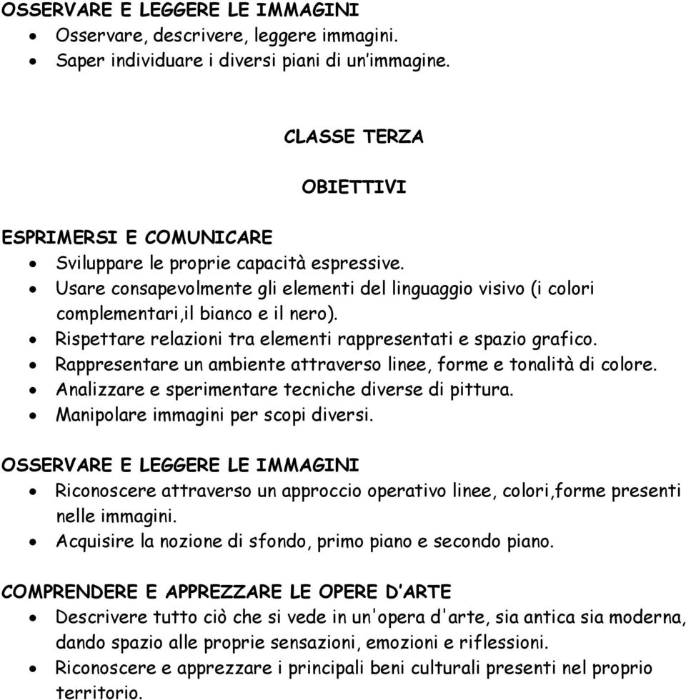 Rappresentare un ambiente attraverso linee, forme e tonalità di colore. Analizzare e sperimentare tecniche diverse di pittura. Manipolare immagini per scopi diversi.