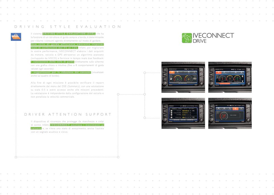 Infatti, per migliorare le vostre performance, IVECONNECT elabora i dati acquisiti da motore, veicolo e GPS attraverso un algoritmo avanzato (sviluppato da IVECO) e fornisce in tempo reale due