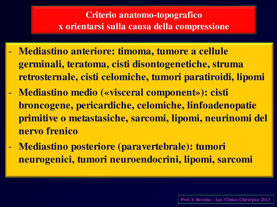 component»): cisti broncogene, pericardiche, celomiche, linfoadenopatie primitive o metastasiche, sarcomi, lipomi, neurinomi del nervo