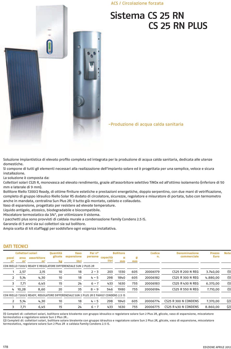 La soluzione è composta da: Collettori solari CS25 R, monovasca ad elevato rendimento, grazie all'assorbitore selettivo TiNOx ed all'ottimo isolamento (inferiore di 50 e laterale di 9 ).