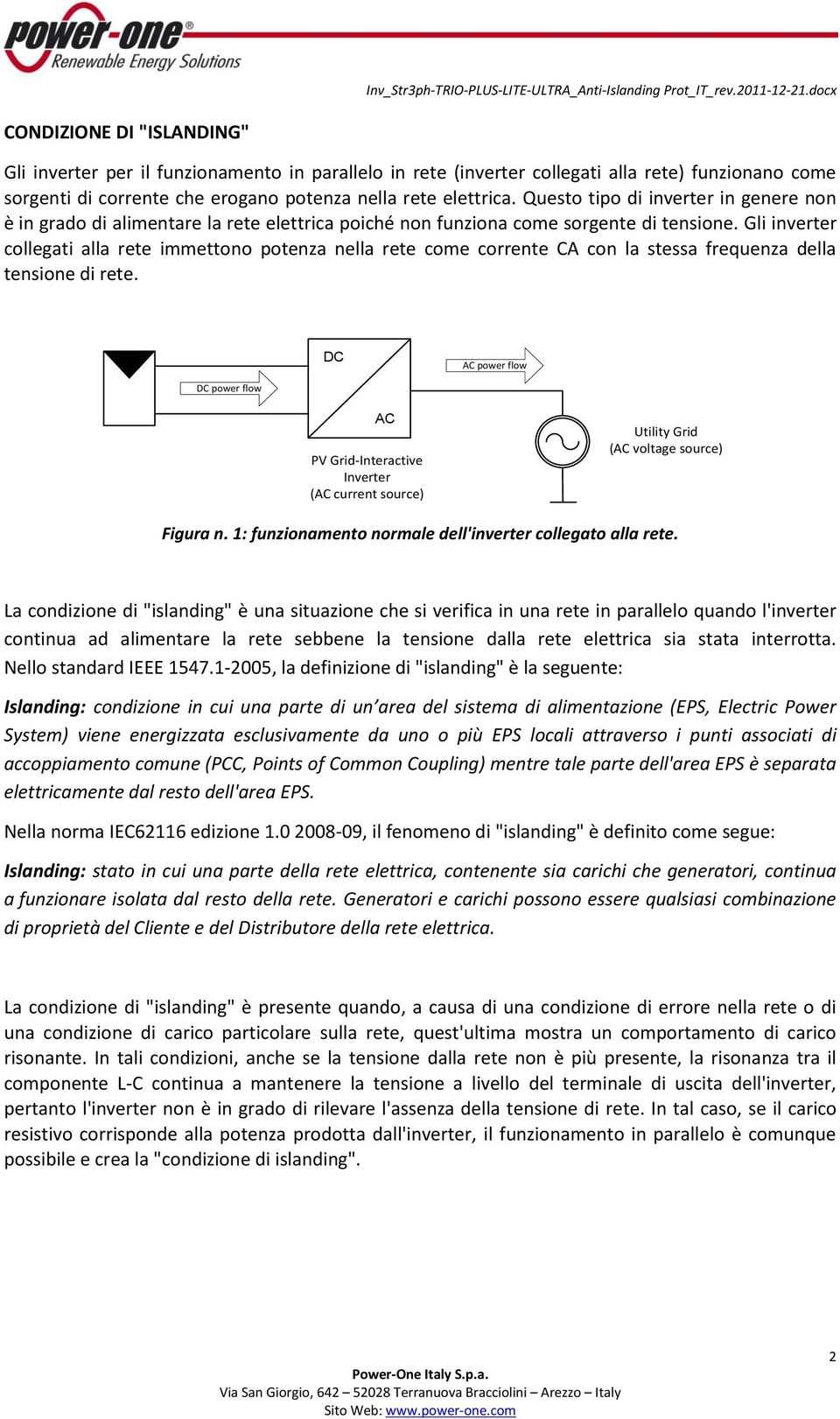 Gli inverter collegati alla rete immettono potenza nella rete come corrente CA con la stessa frequenza della tensione di rete. power flow power flow Utility Grid ( voltage source) Figura n.