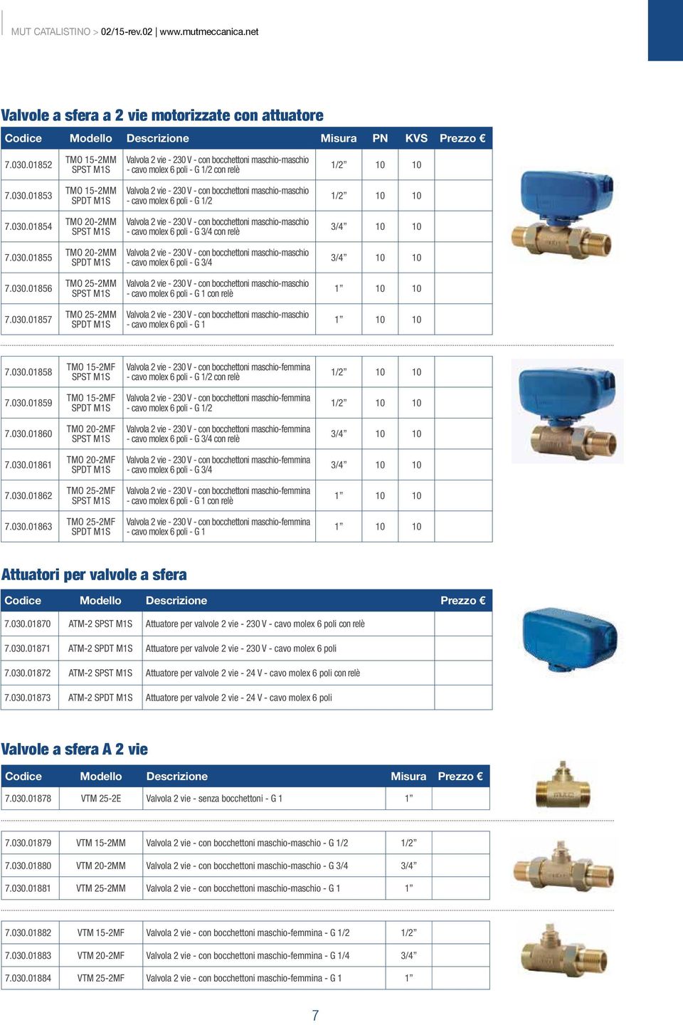 01853 TMO 15-2MM SPDT M1S Valvola 2 vie - 230 V - con bocchettoni maschio-maschio - cavo molex 6 poli - G 1/2 1/2 10 10 7.030.