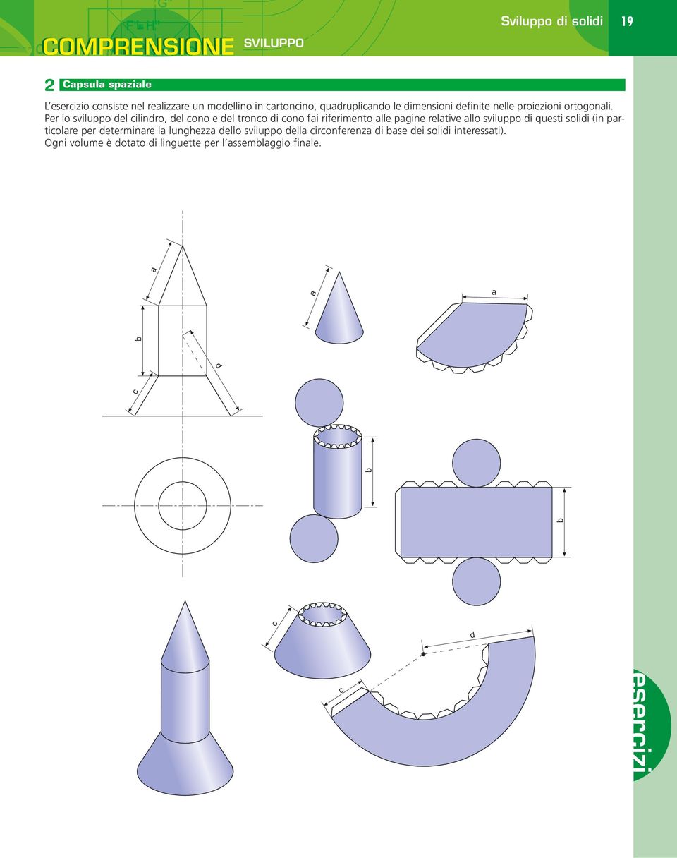 Per lo sviluppo del cilindro, del cono e del tronco di cono fai riferimento alle pagine relative allo sviluppo di questi solidi (in