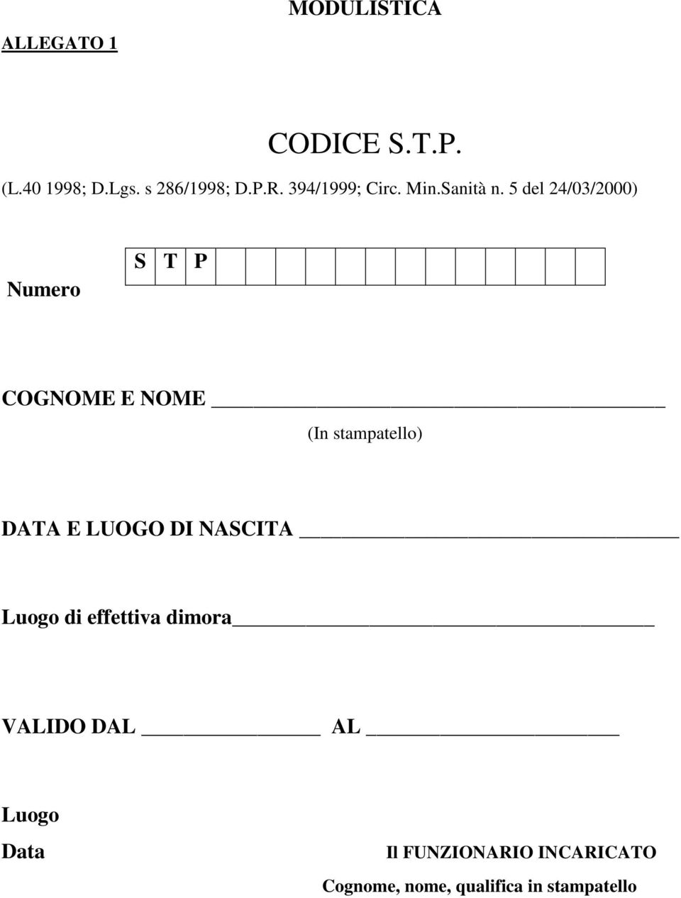 5 del 24/03/2000) Numero S T P COGNOME E NOME (In stampatello) DATA E LUOGO